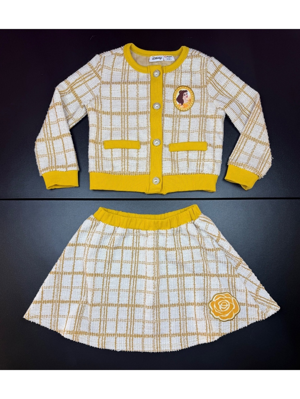 Disney PatPat Belle Girls 4-5Y Yellow Plaid Tweed Cardigan Skirt 2 Piece Set